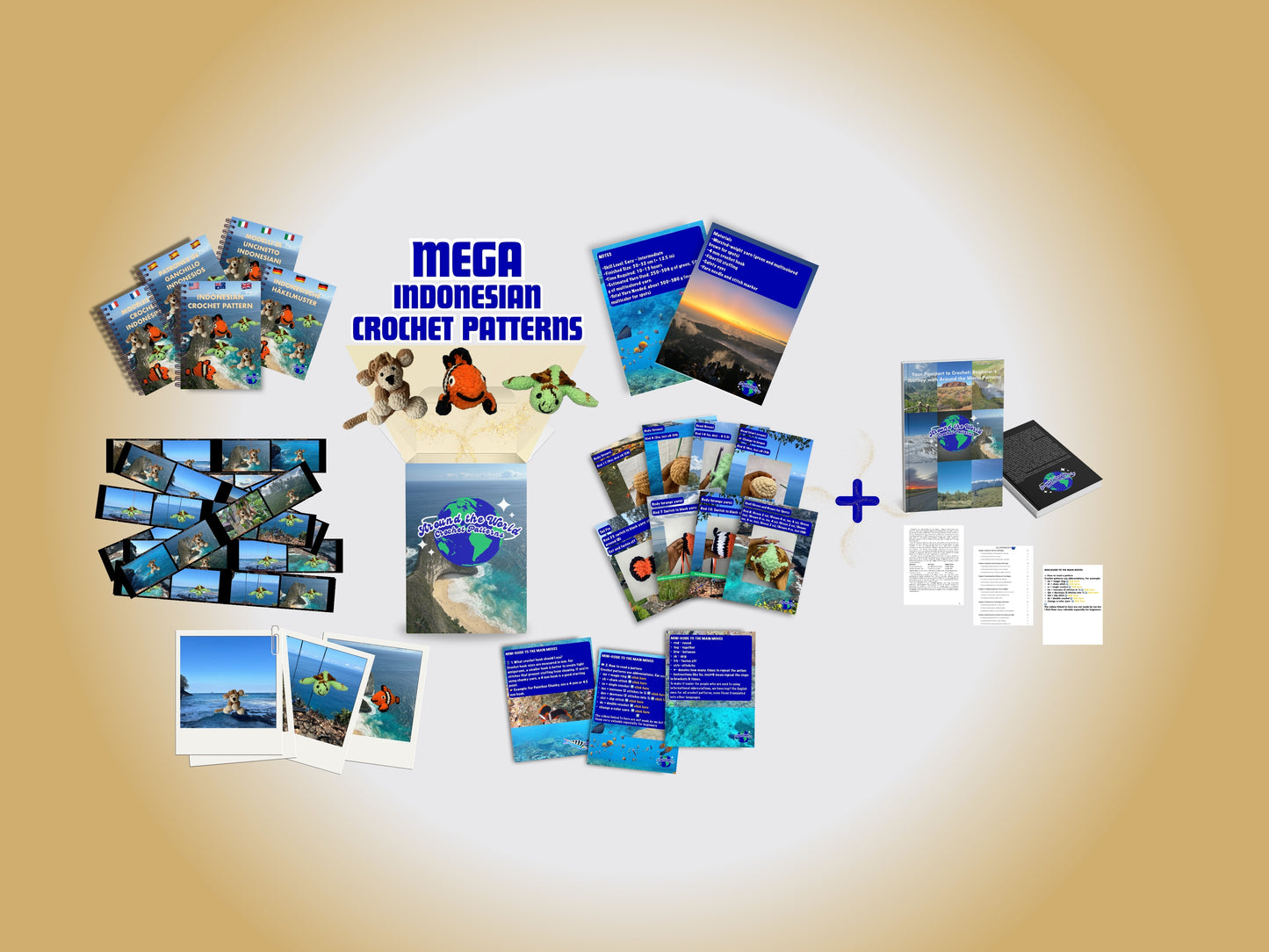 MEGA INDONESIAN BUNDLE: 3 CROCHET PATTERNS: MONKEY, SEA TURTLE AND CLOWN FISH + EBOOK Your Passport to Crochet: A Beginner’s Journey with Around the World Patterns