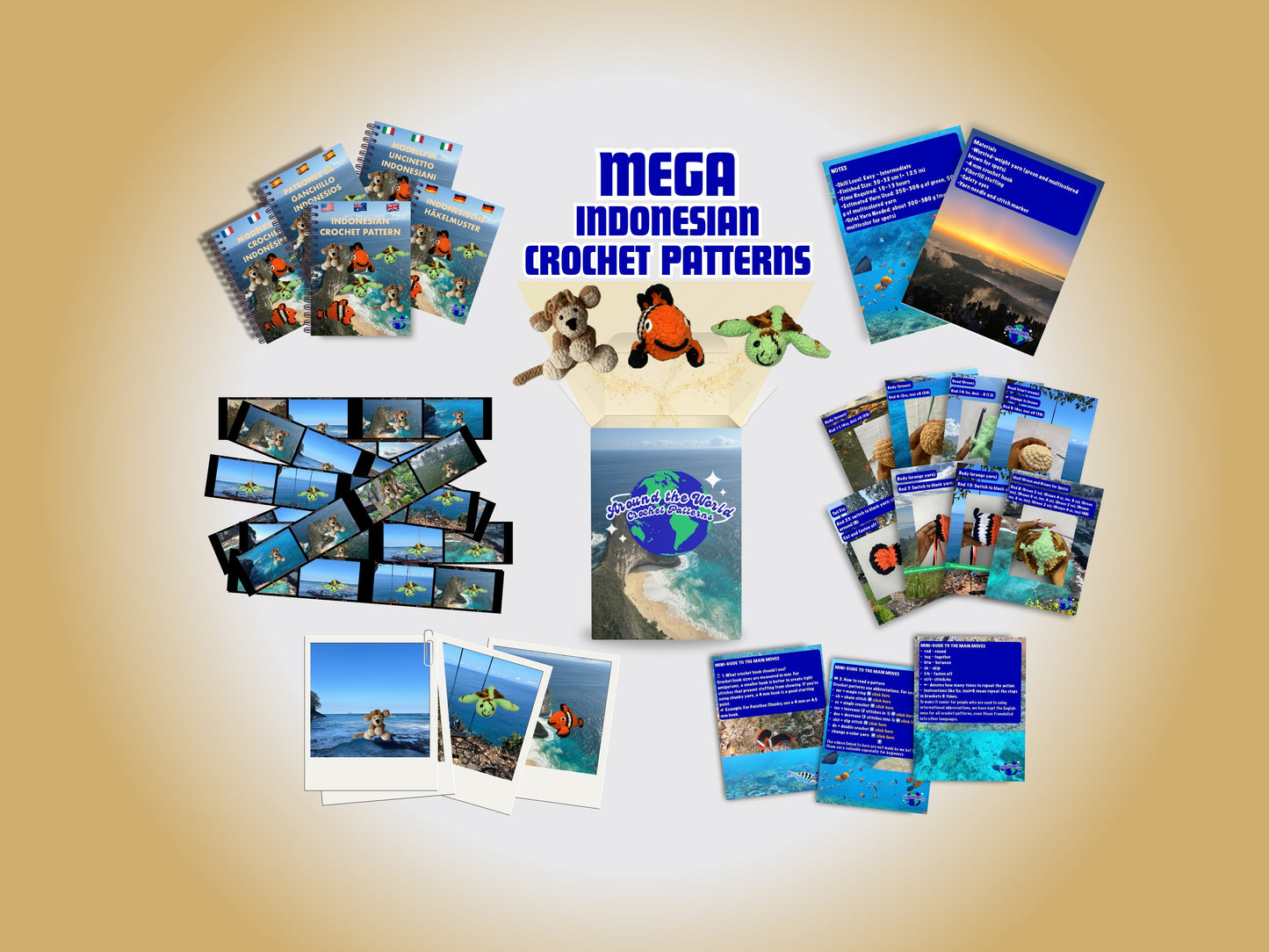 MEGA INDONESIAN BUNDLE: 3 CROCHET PATTERNS: MONKEY, SEA TURTLE AND CLOWN FISH + EBOOK Your Passport to Crochet: A Beginner’s Journey with Around the World Patterns