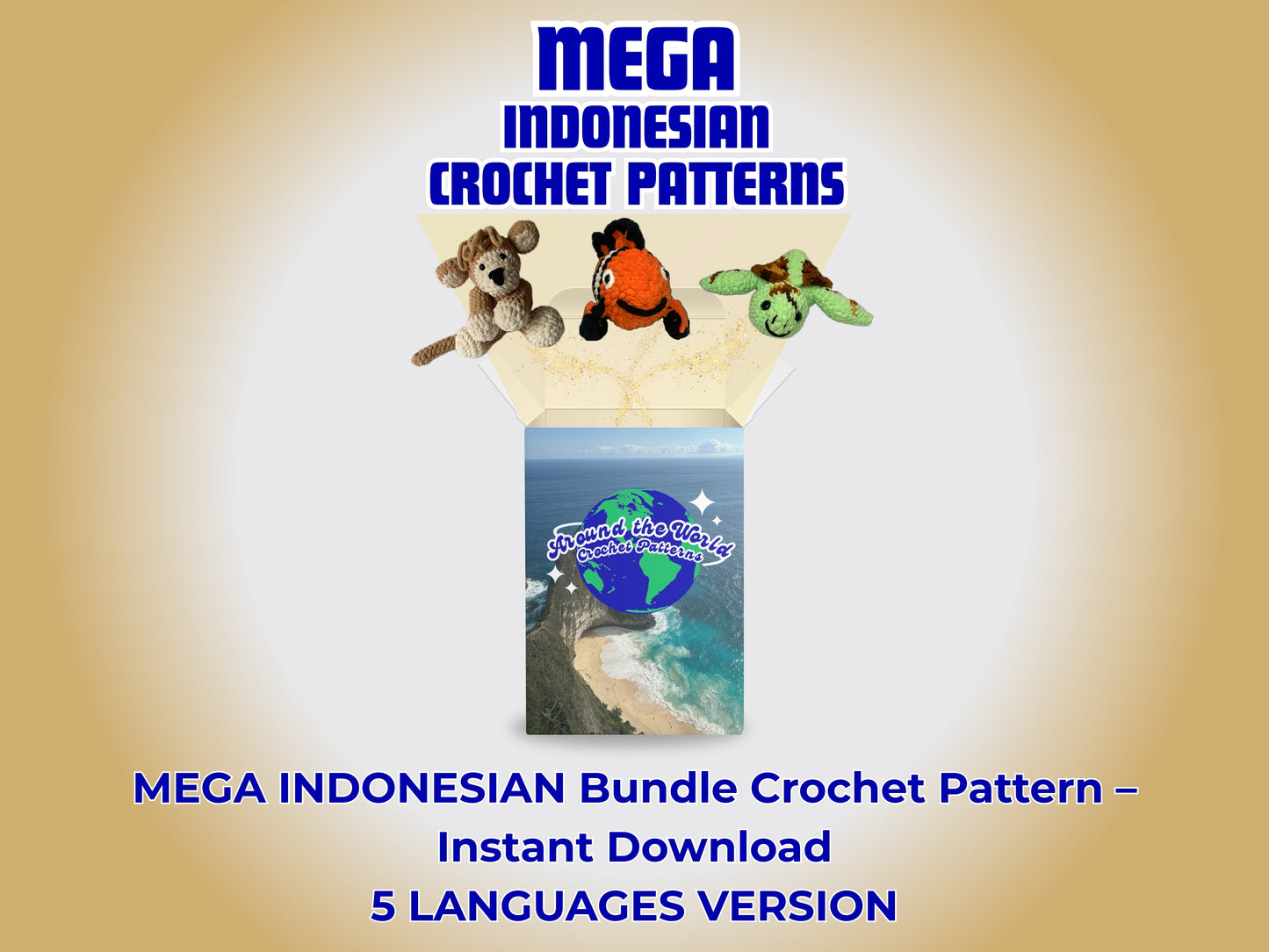 MEGA INDONESIAN BUNDLE: 3 CROCHET PATTERNS: MONKEY, SEA TURTLE AND CLOWN FISH + EBOOK Your Passport to Crochet: A Beginner’s Journey with Around the World Patterns