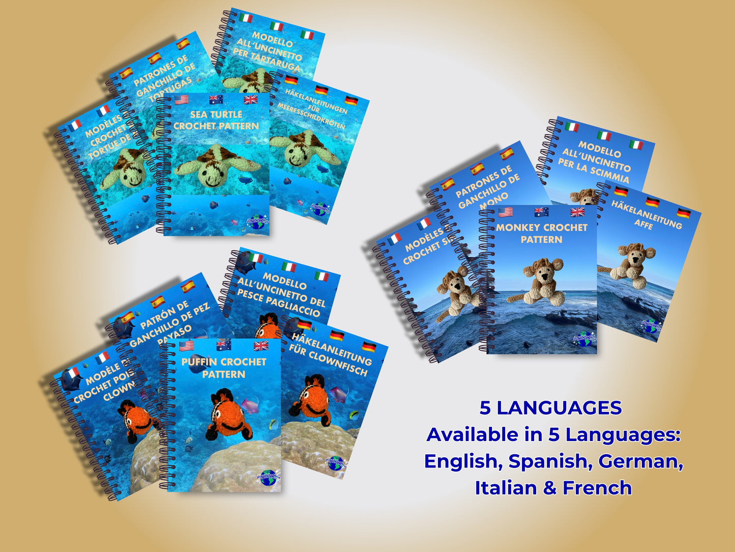 MEGA INDONESIAN BUNDLE: 3 CROCHET PATTERNS: MONKEY, SEA TURTLE AND CLOWN FISH + EBOOK Your Passport to Crochet: A Beginner’s Journey with Around the World Patterns